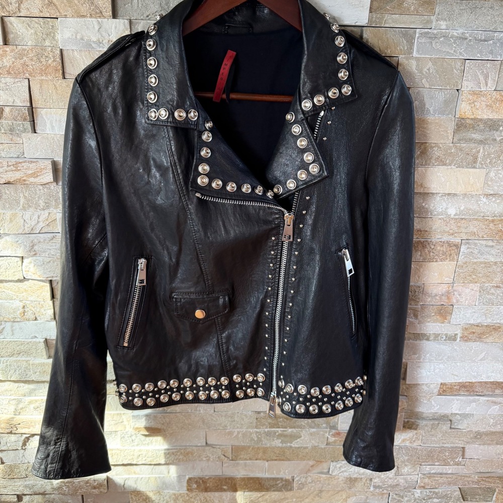 Imperial Italy Black Genuine Leather Studded Moto Biker Jacket XL Made in Italy